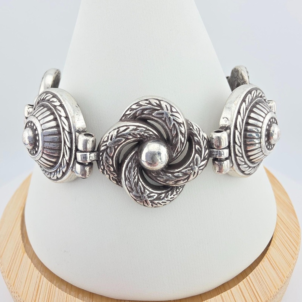BRIGHTON Panel Bracelet Chunky Wheat Motif Swirl Medallions Silver Plate 7.75"